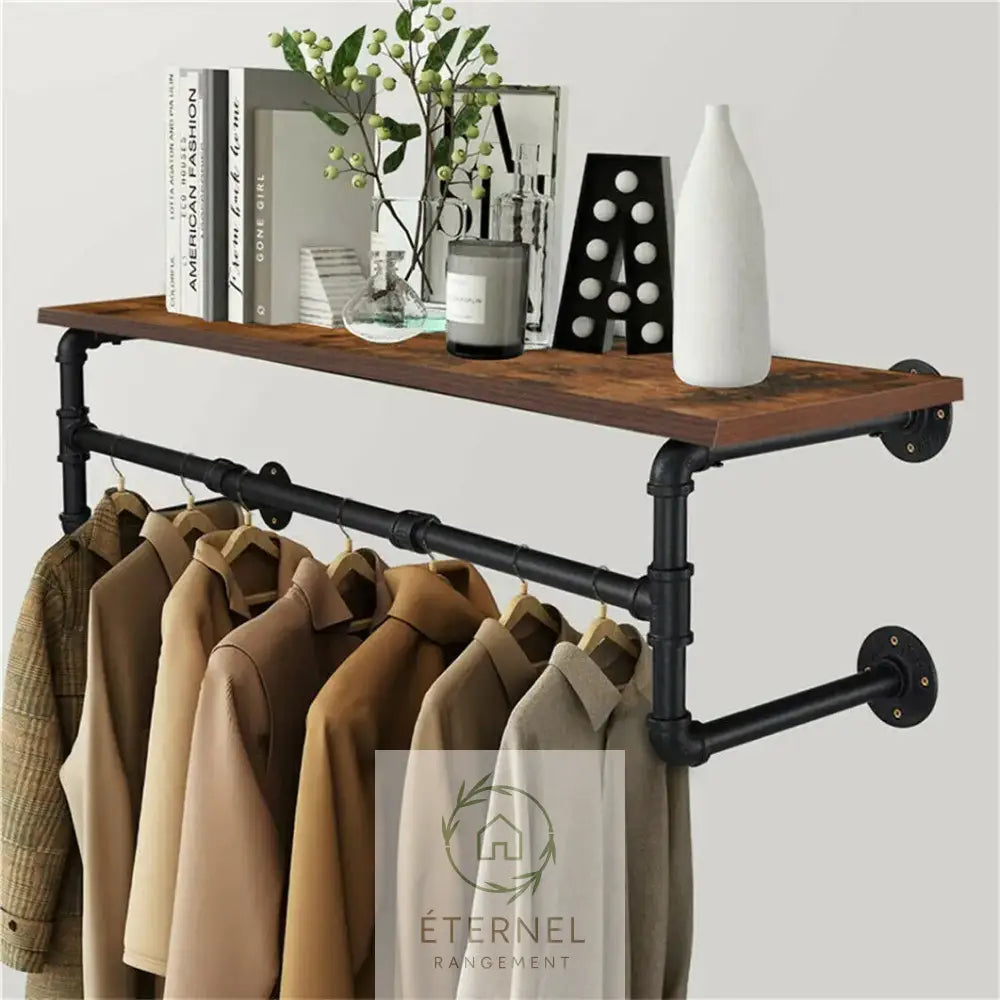 Portant mural industriel en métal et bois – étagère murale porte-vêtements design 100 cm Brown Black