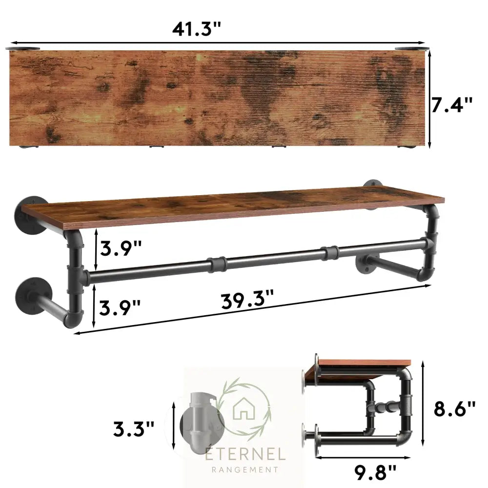 Portant mural industriel en métal et bois – étagère murale porte-vêtements design 100 cm Brown Black