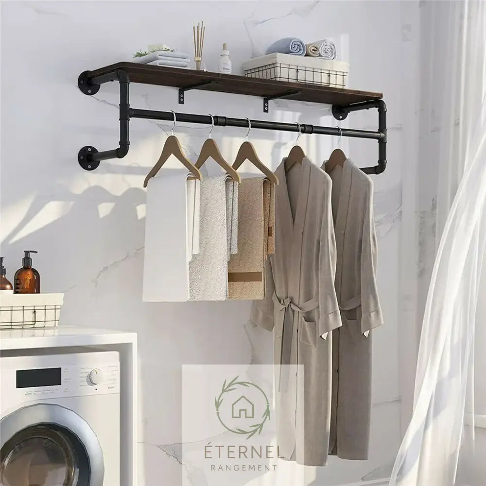 Portant mural industriel en métal et bois – étagère murale porte-vêtements design 100 cm Brown Black