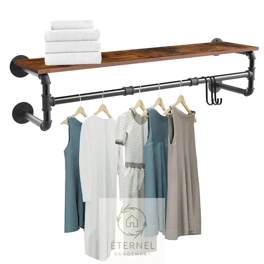 Portant mural industriel en métal et bois – étagère murale porte-vêtements design 100 cm Brown Black