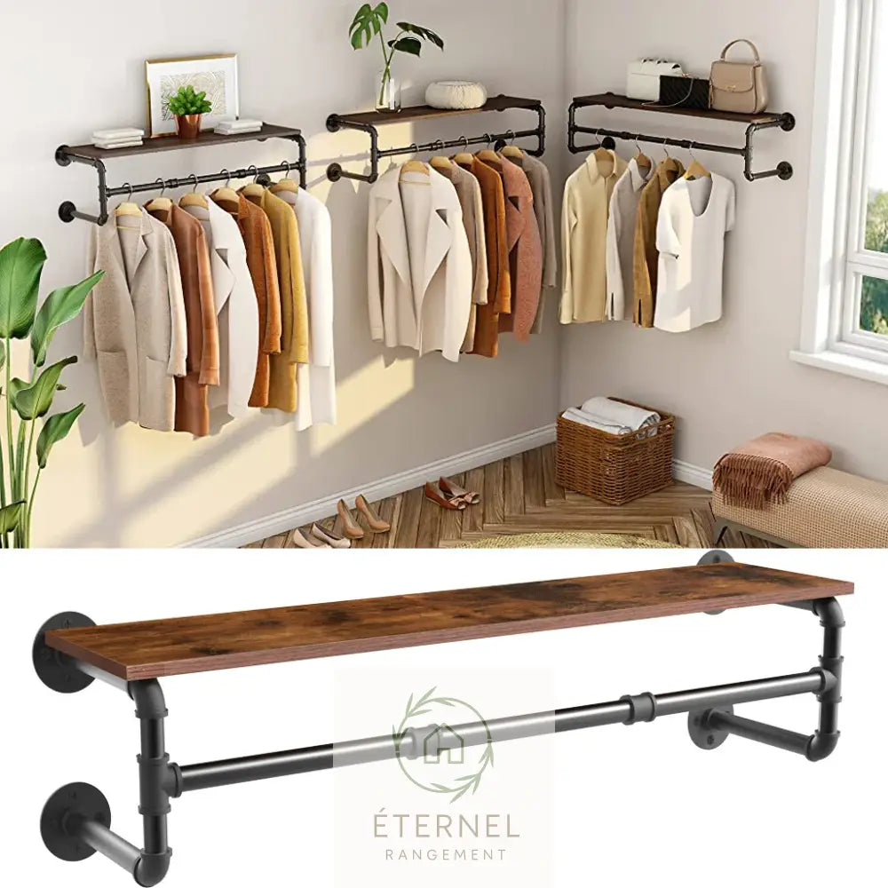 Portant mural industriel en métal et bois – étagère murale porte-vêtements design 100 cm Brown Black