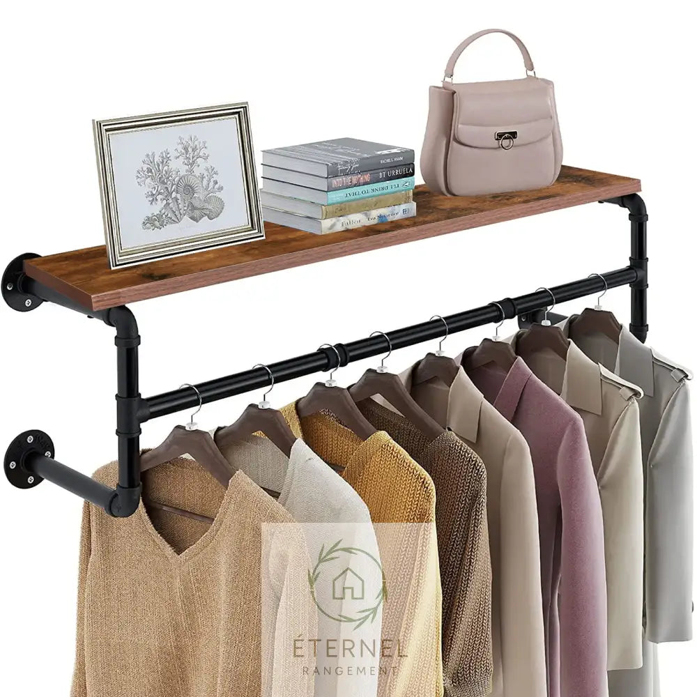 Portant mural industriel en métal et bois – étagère murale porte-vêtements design 100 cm Brown Black