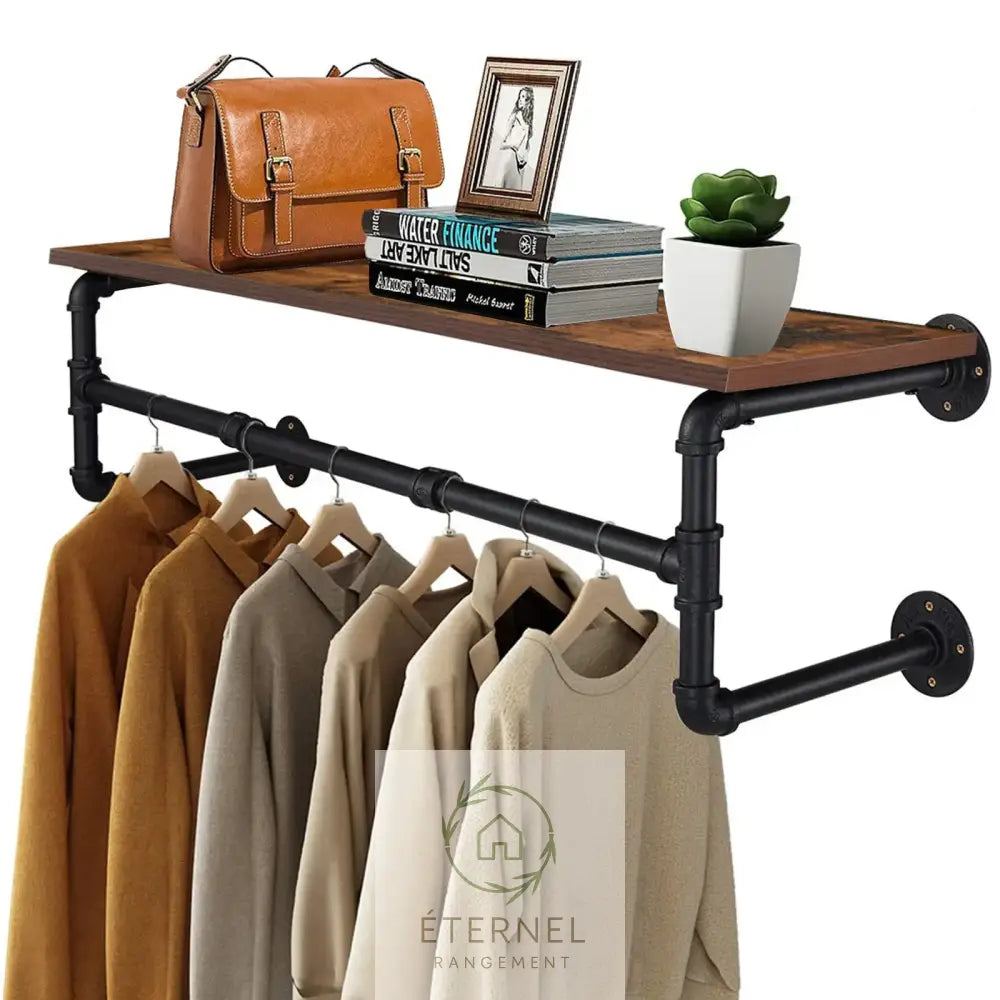 Portant mural industriel en métal et bois – étagère murale porte-vêtements design 100 cm Brown Black