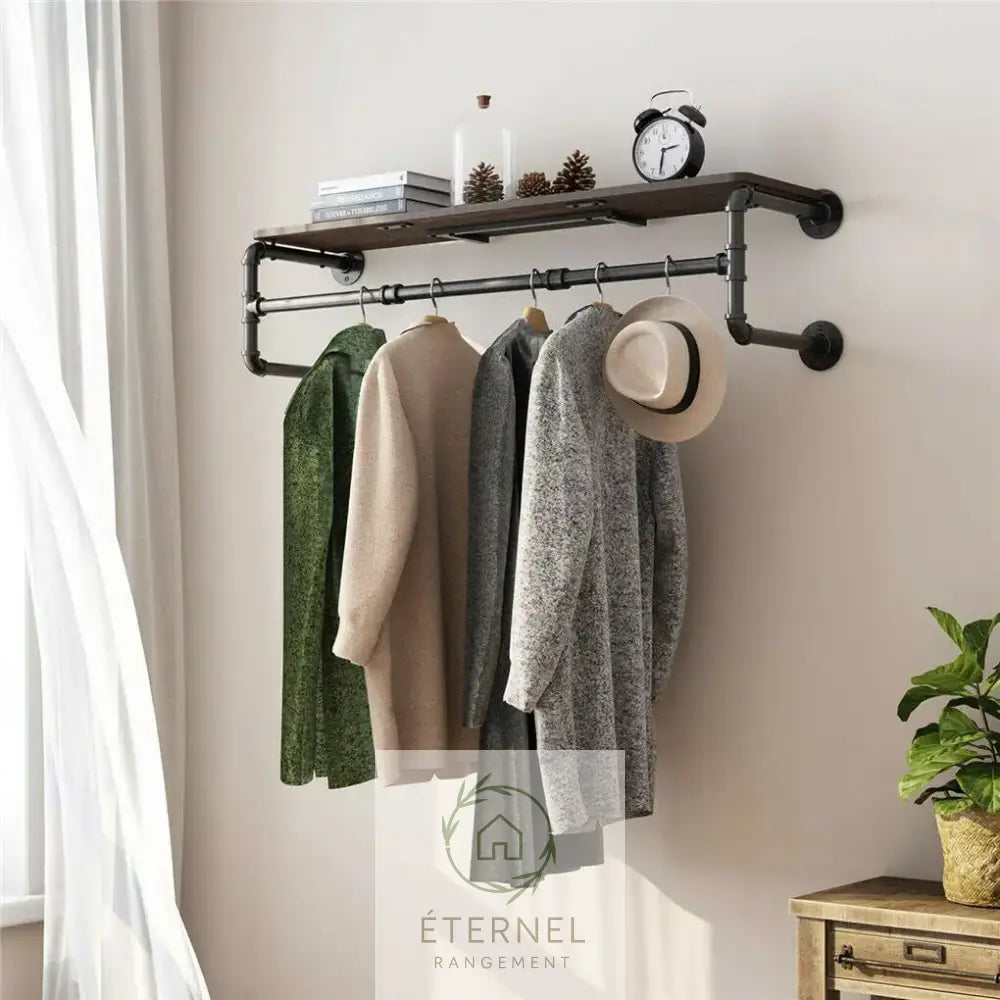 Portant mural industriel en métal et bois – étagère murale porte-vêtements design 100 cm Brown Black